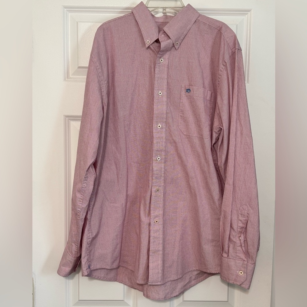Men’s Southern Tide Micro Gingham Red Plaid Button Down Long Sleeve Shirt Large